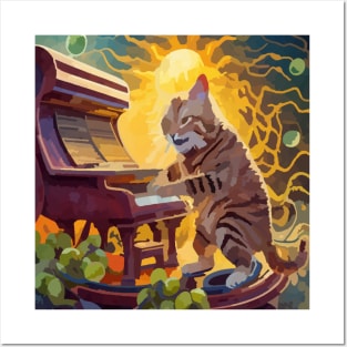 cat playing piano with grapes Posters and Art